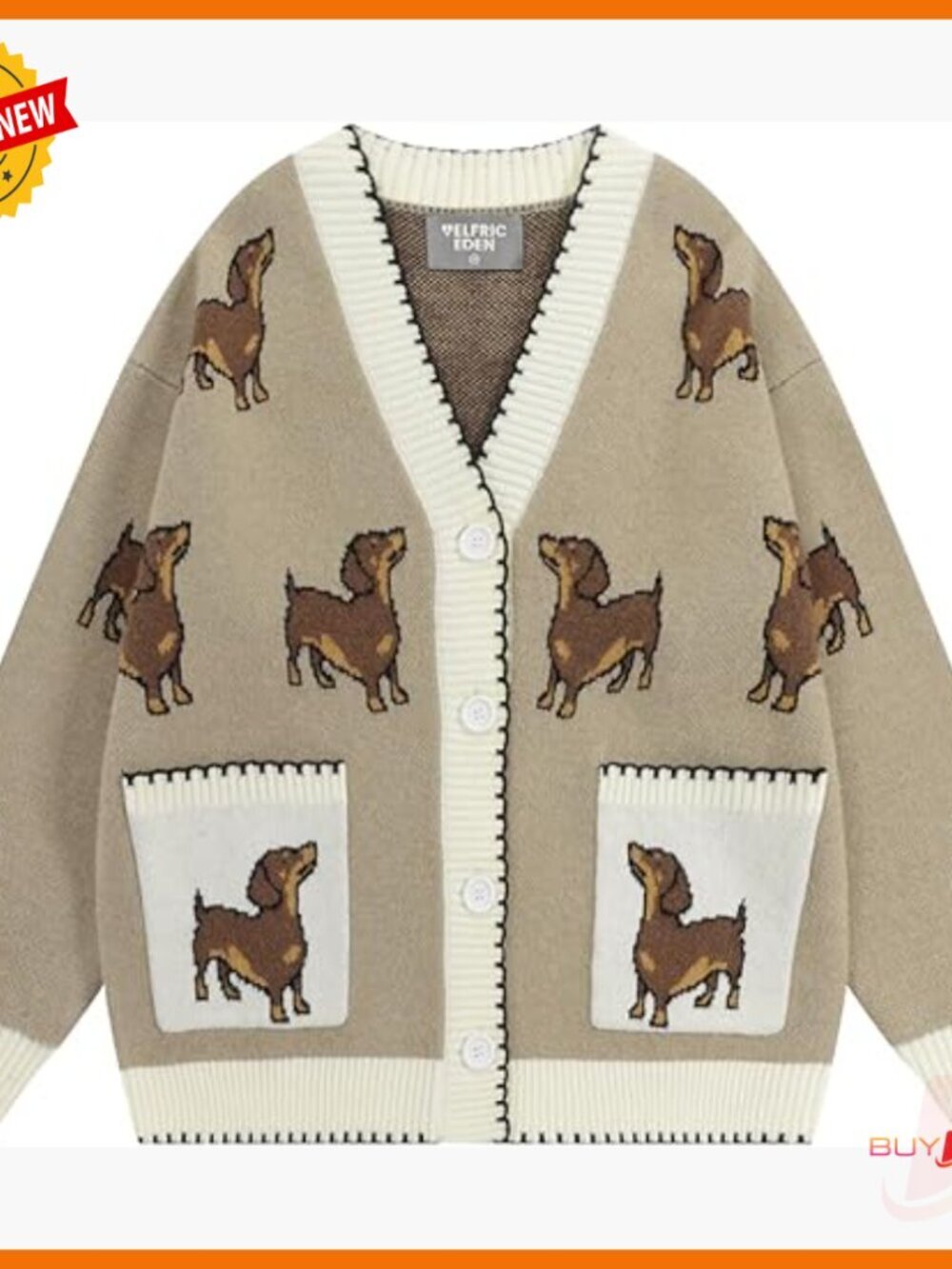V-Neck Cardigan Sweater with Dachshund Jacquard, Button Front, Oversized Fit